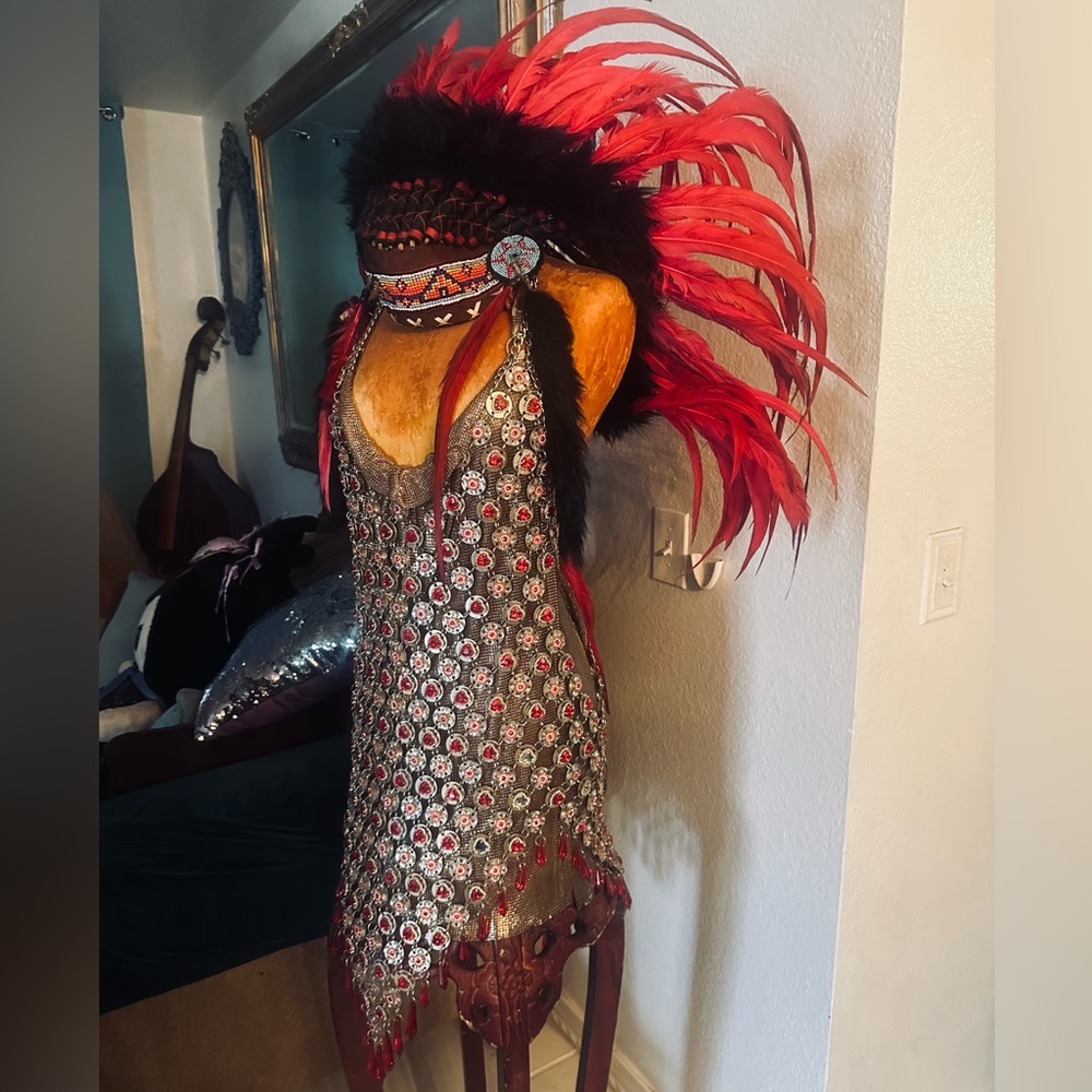 Red Feather Headdress with ruby chainmail dress 
Sexy Indian costume.